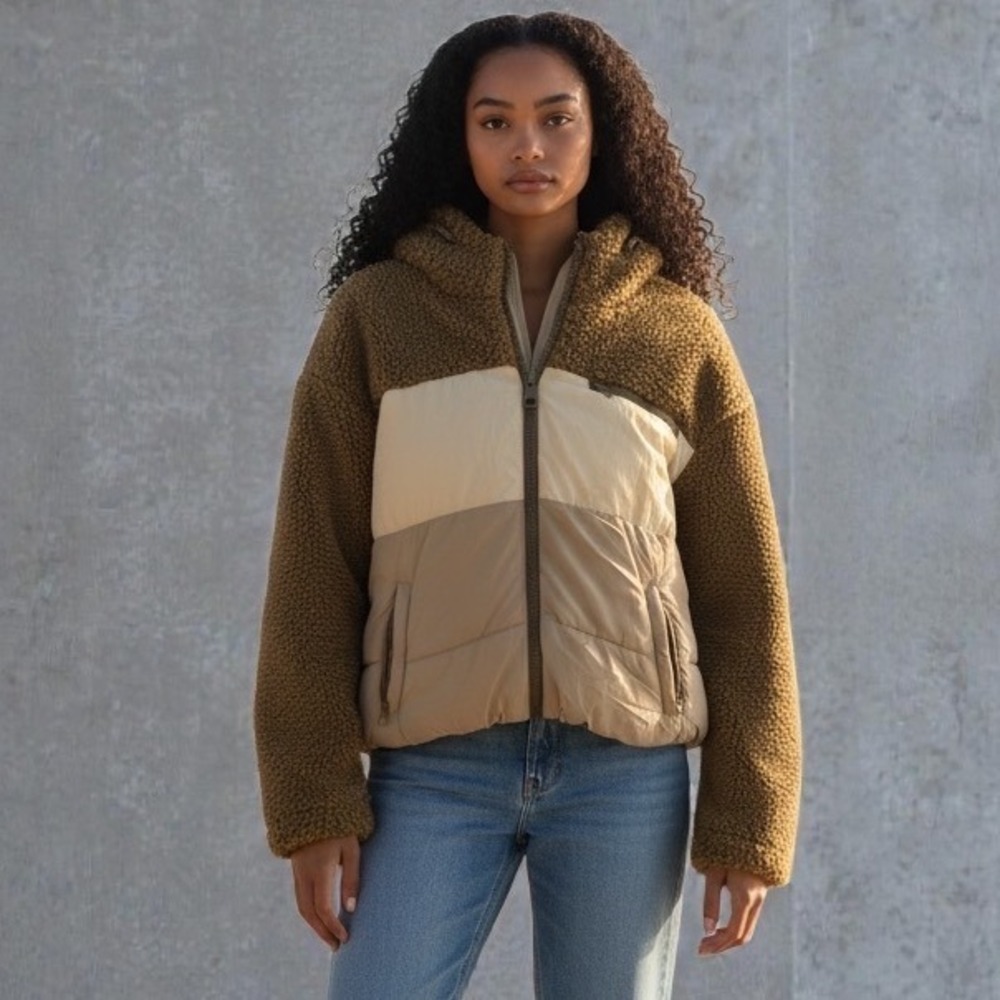 Zara Women Colorblock Puffer Jacket Sherpa Fleece Hooded Gorpcore Utility Cozy M